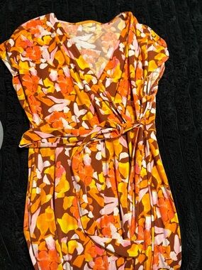 Nine West Brown Orange Pink Floral Wrap Midi Dress